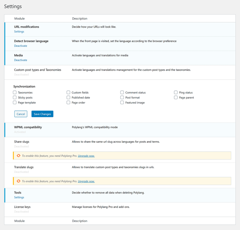 Polylang Settings Page