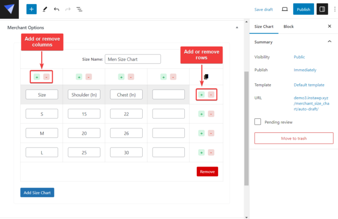 size chart add or remove columns rows merchant.