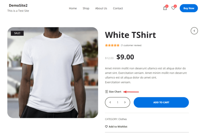 Size chart option on a product page
