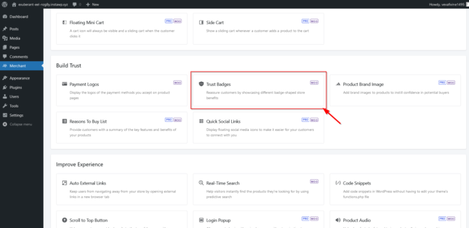 Location of the Trust Badges module in the Merchant dashboard