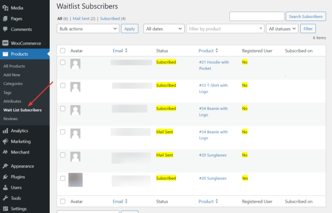 List of the Waitlist subscribers in the WordPress admin area