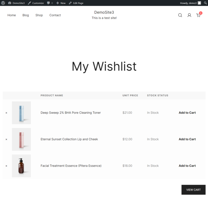 My Wishlist page added by Merchant Pro, frontend view