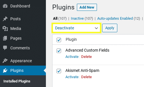 The screen to deactivate plugins in WordPress.