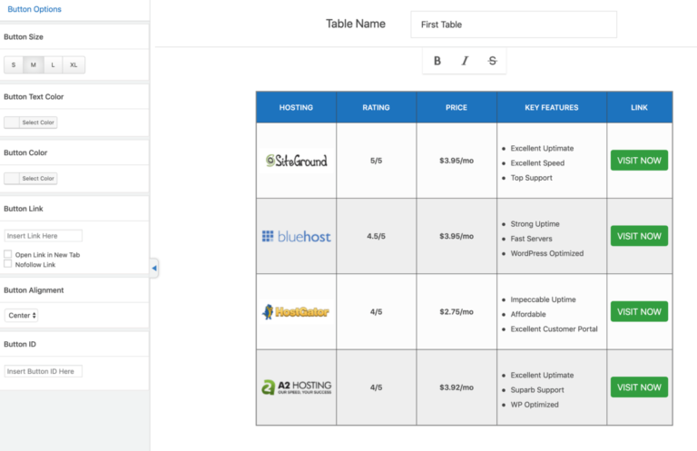 WP Table Builder example