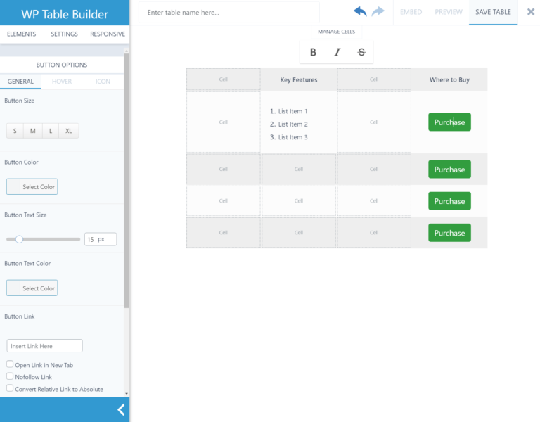 WP Table Builder style options