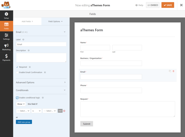 WPForms field settings